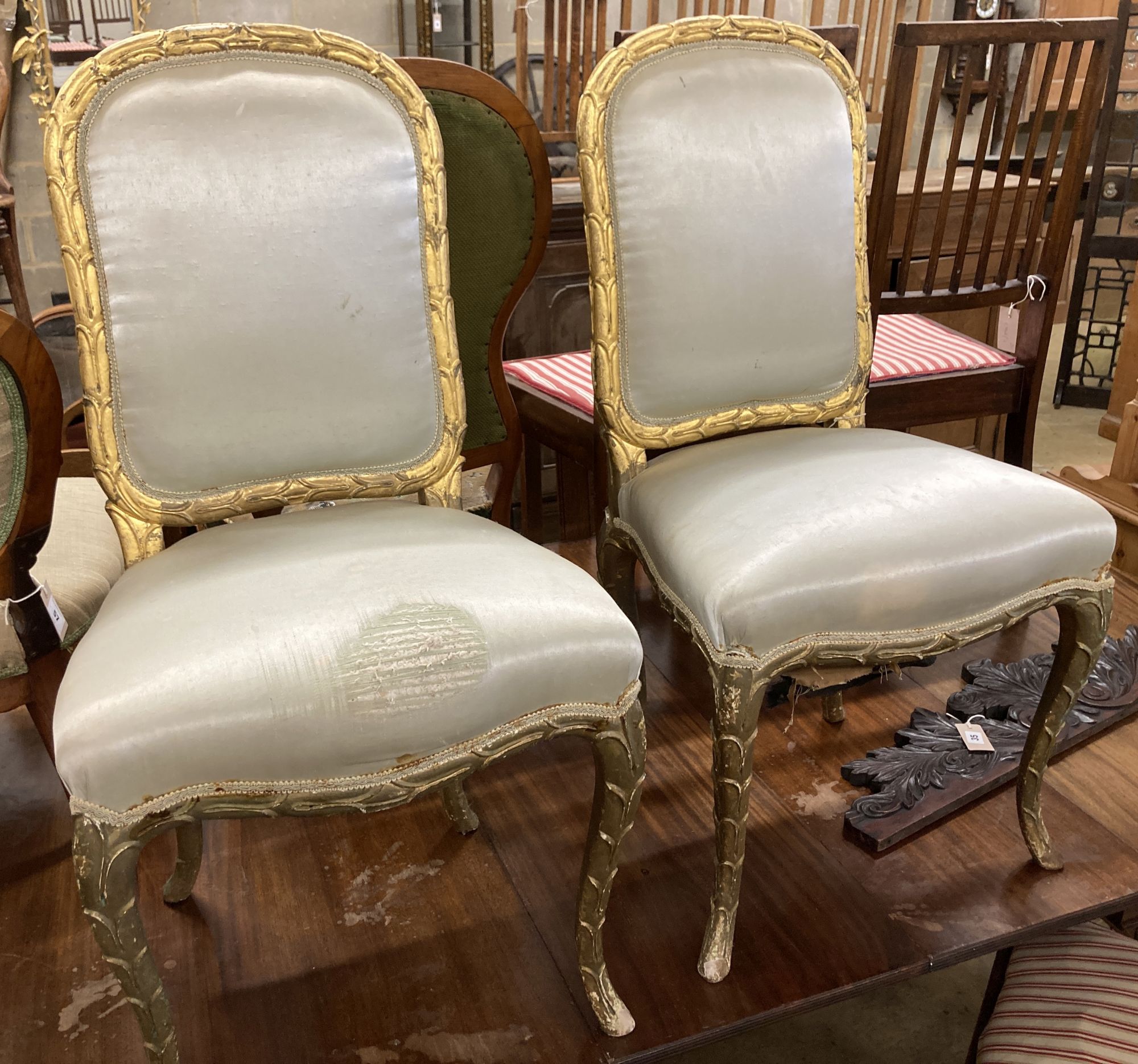A pair of 20th century giltwood side chairs, width 50cm, depth 40cm, height 96cm